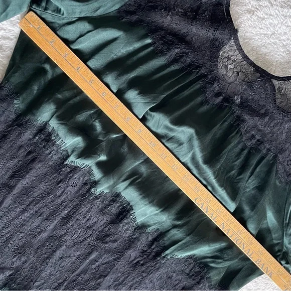 Johnny Was Emerald Green 100% Silk Maxi Dress Black Lace Accents Sz Large Belt - Picture 10 of 15